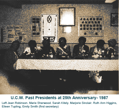 U.C.W. past presidents seated at a table during 25th anniversary celebration, 1987
