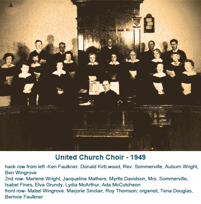 United Church Choir, 1949, posed in rows with conductor at piano in front of church organ