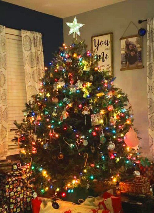 A christmas tree with a star on top is in a living room.