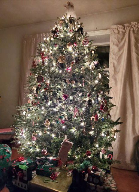 A christmas tree is lit up in a living room with gifts underneath it.