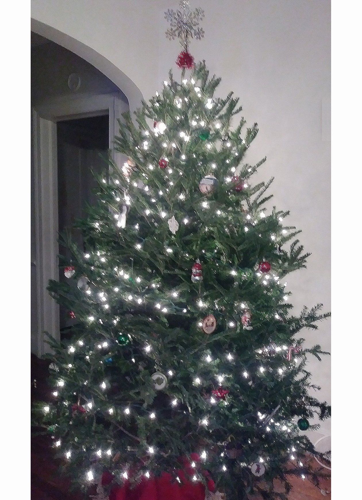 A christmas tree with a snowflake on top of it