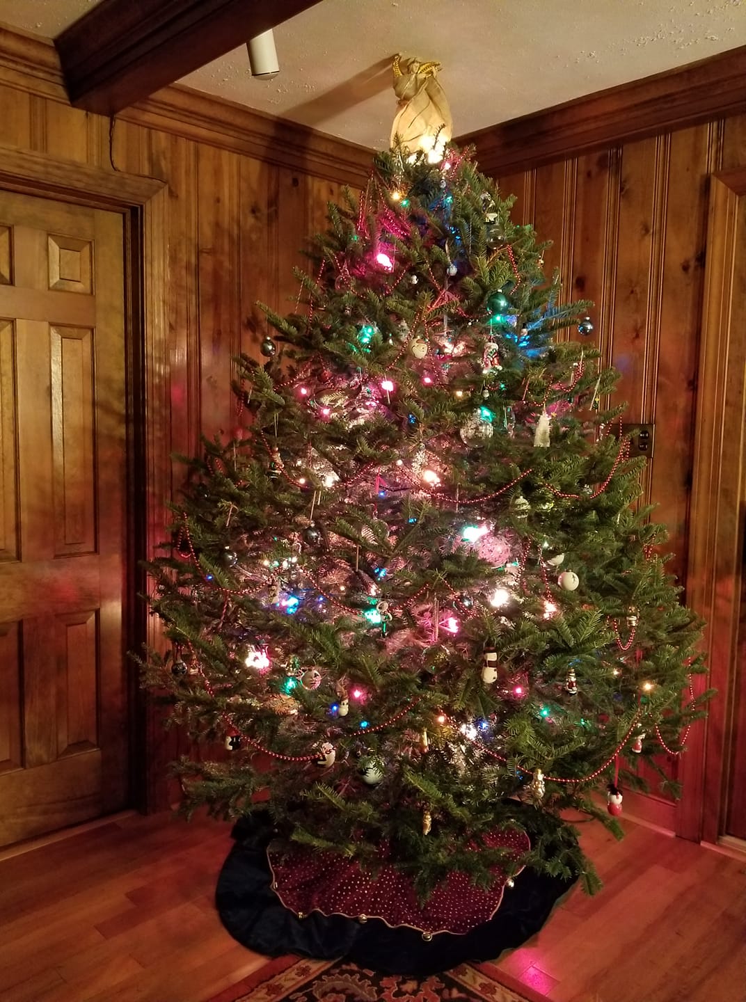 A christmas tree is lit up in a room with wood paneling.