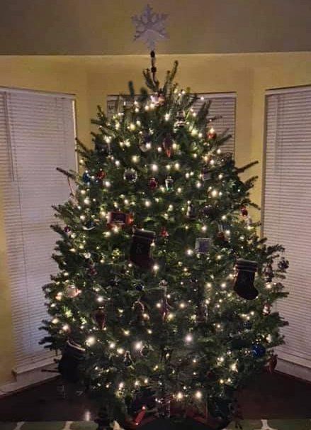 A christmas tree in a living room with a snowflake on top