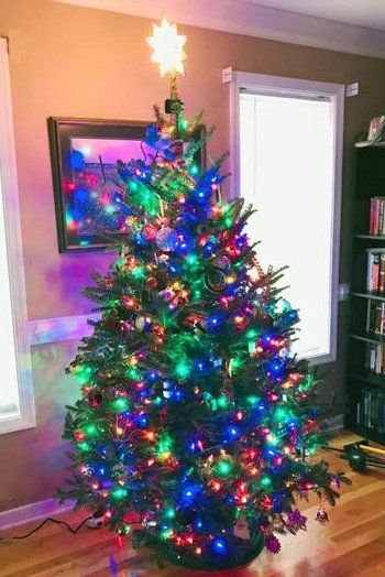 A christmas tree with a star on top is in a living room.