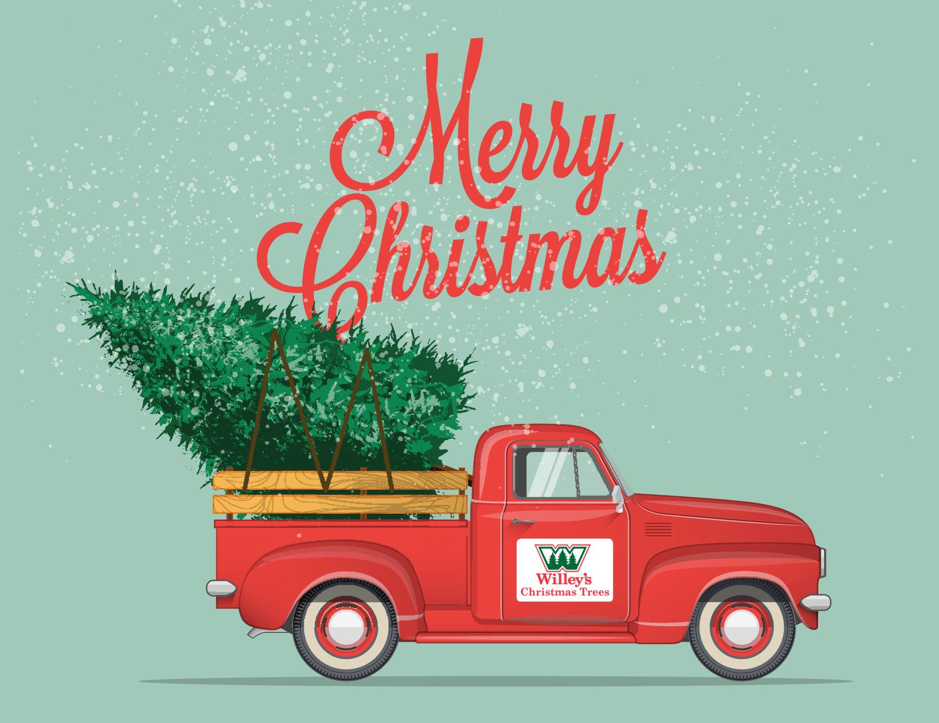 A red truck with a christmas tree in the back.