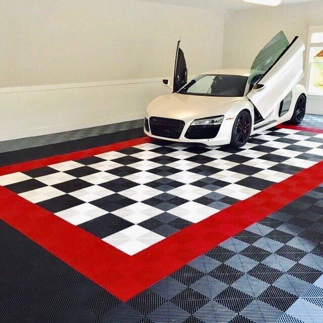 Red, Black and White Swisstrax Garage Flooring