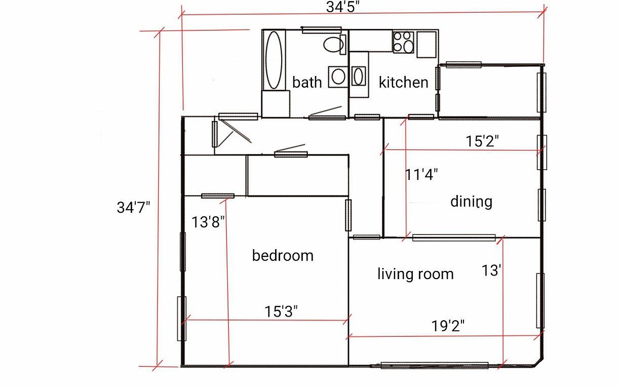 Floor plan of a house with bedroom, living room, dining area, kitchen, and bathroom; dimensions are indicated.