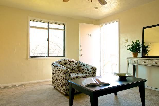 Living room with floral armchair, black coffee table, open door, and a window.