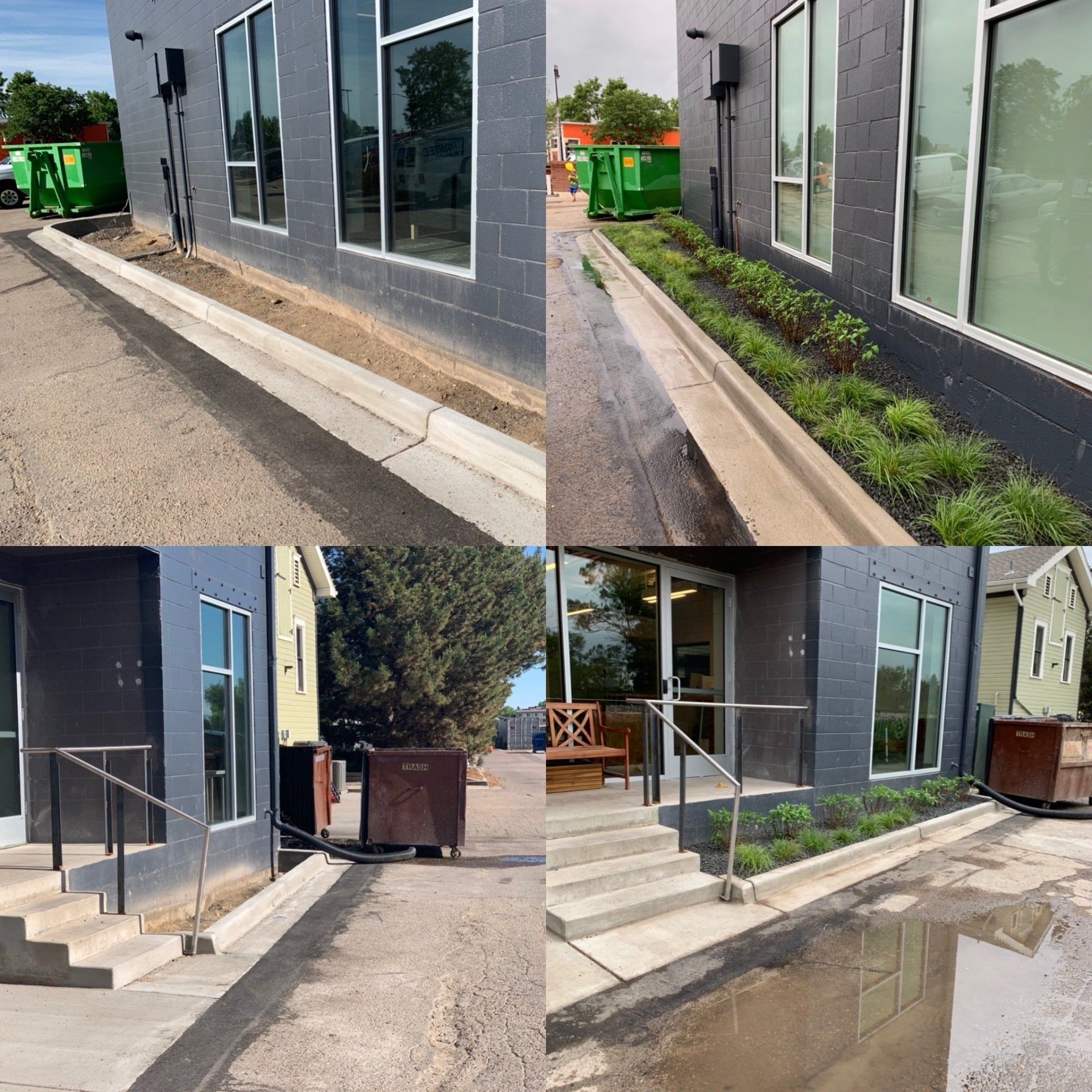 Exterior views of a gray building with black trim, windows, and landscaped areas.