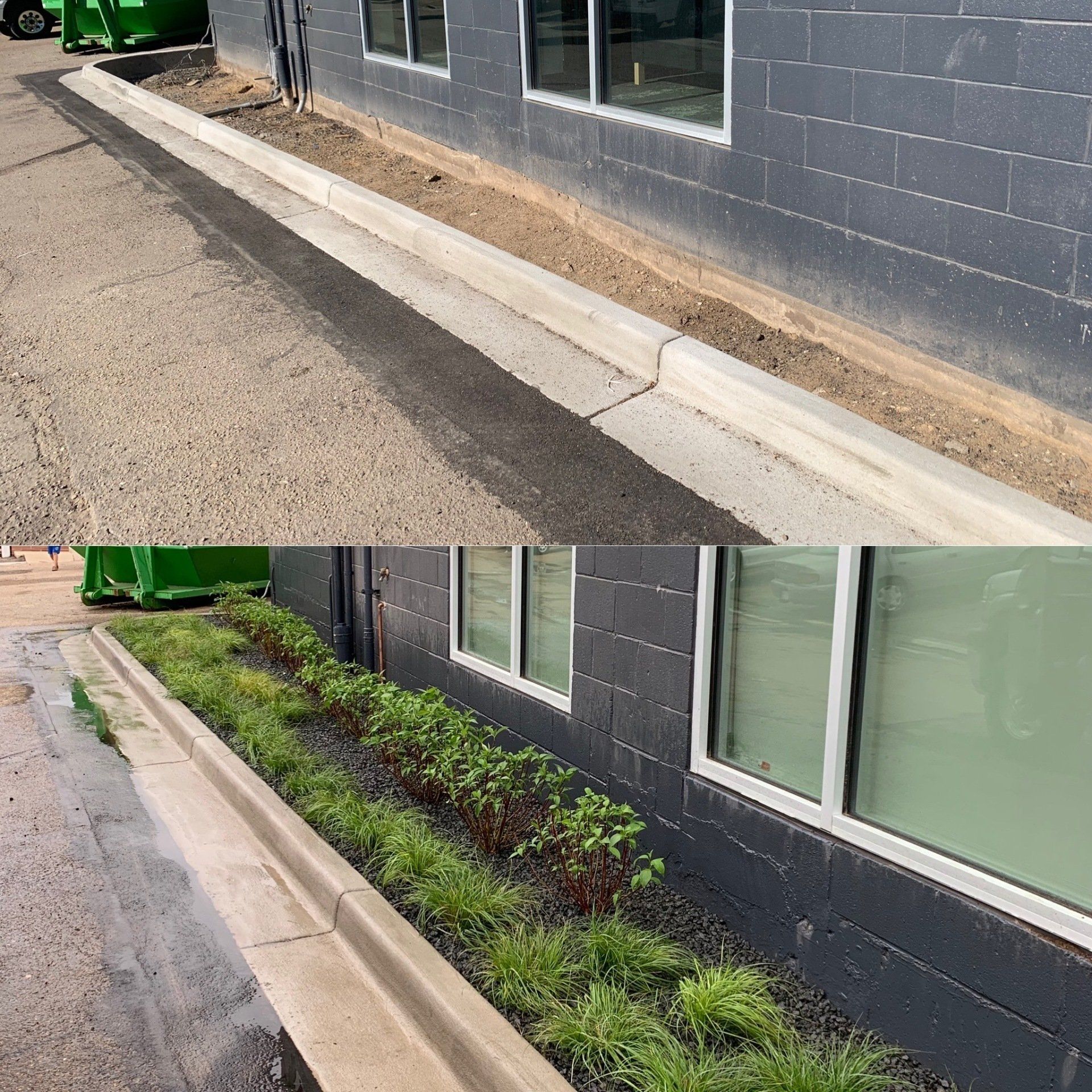 Before and after images of a building's curb, from empty to filled with greenery and plants.