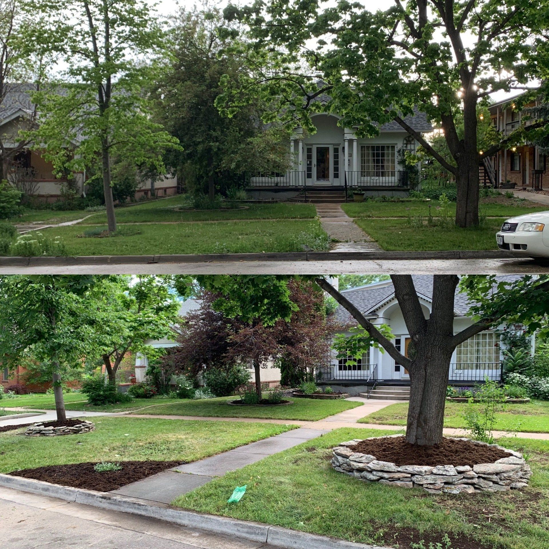Before-and-after of a white house with a landscaped yard. Top photo has overgrown grass, bottom photo is neatly landscaped with mulch.