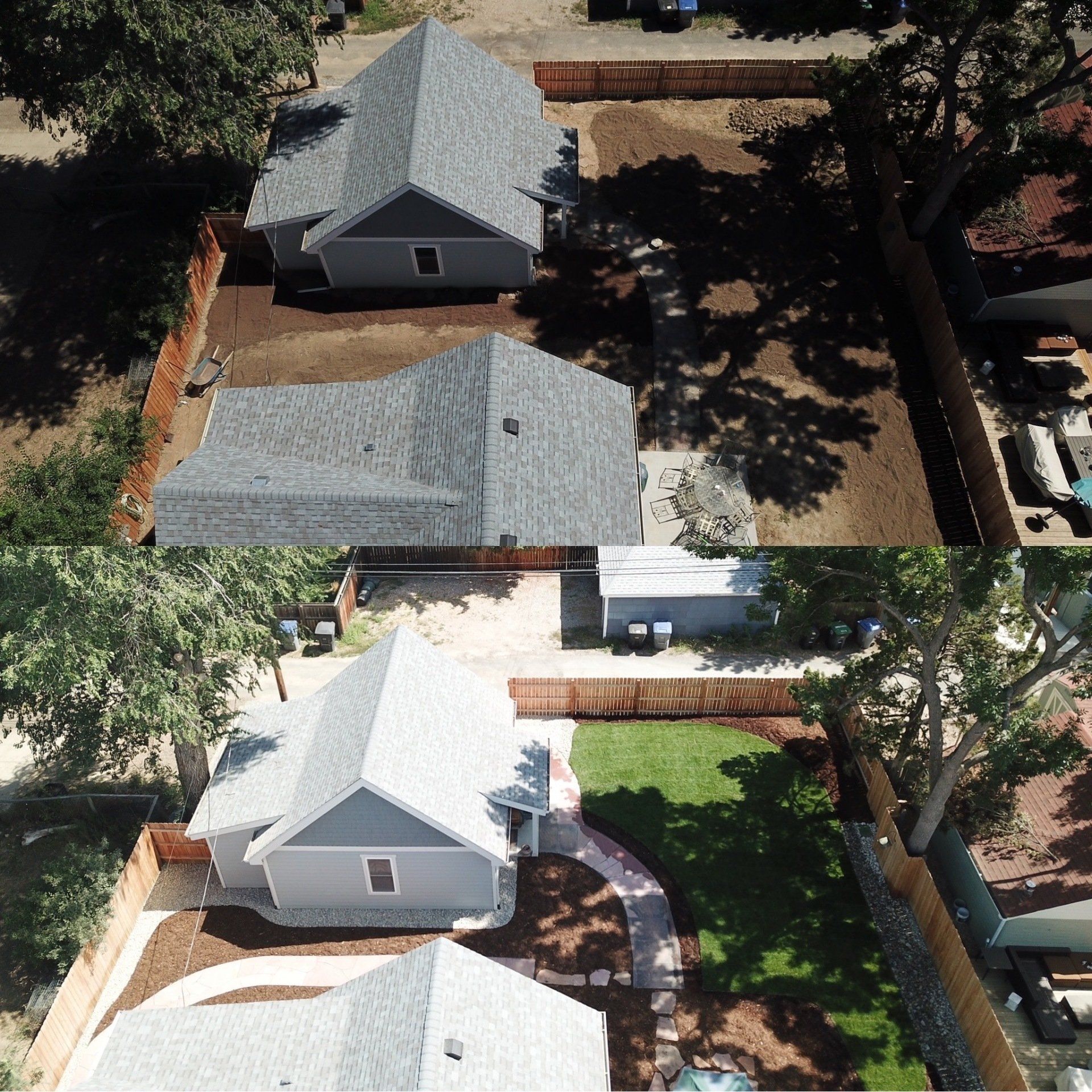 Before/after aerial view of two houses: construction site versus completed with green grass.