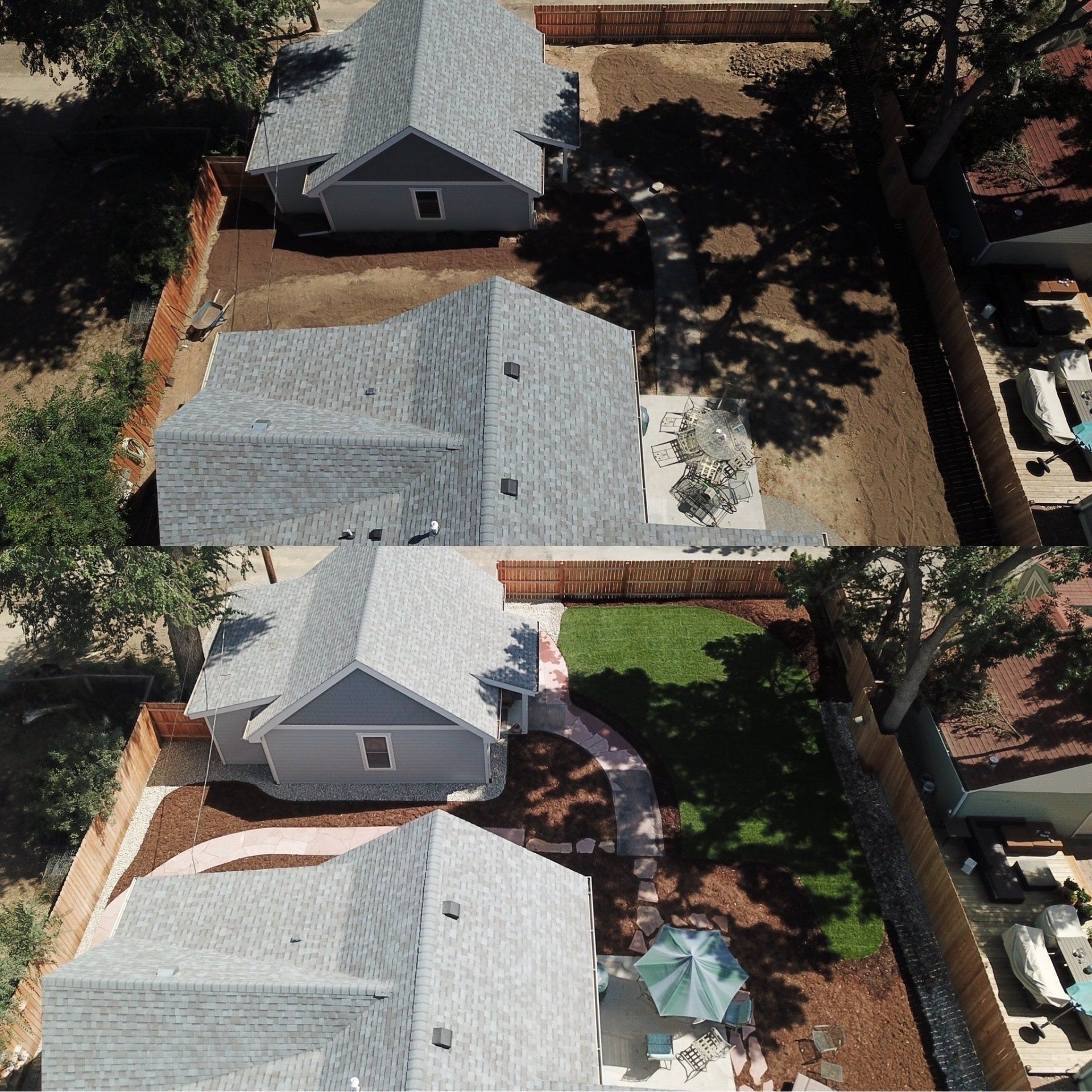 Two homes side-by-side, one with yard work in progress, the other with a finished lawn and patio.