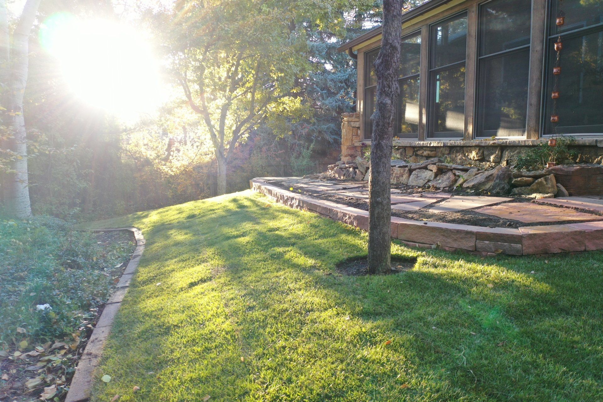 Sunlit backyard with green grass, stone patio, and trees.