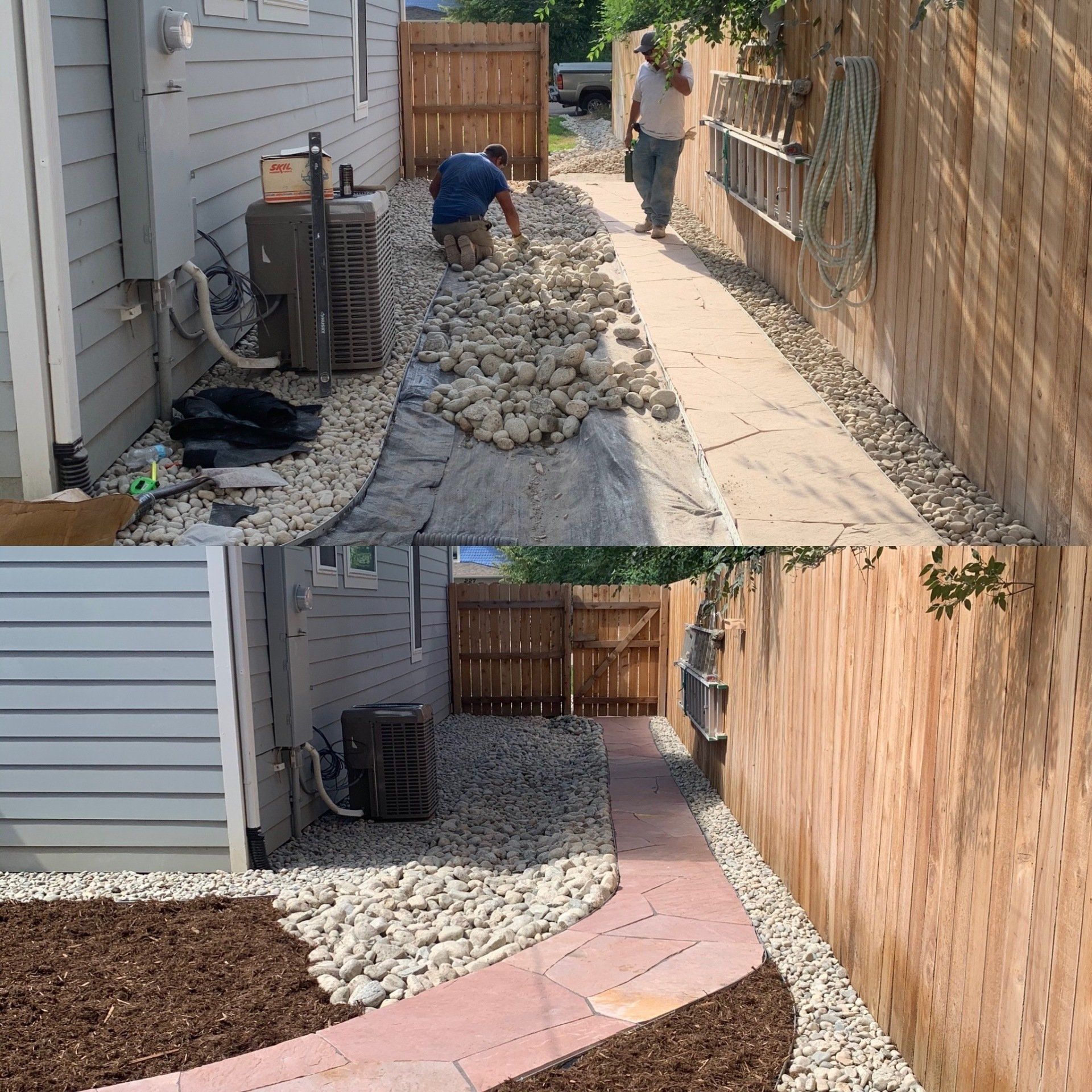 Before and after of a pathway: workers placing rocks and later a red stone path and mulch.