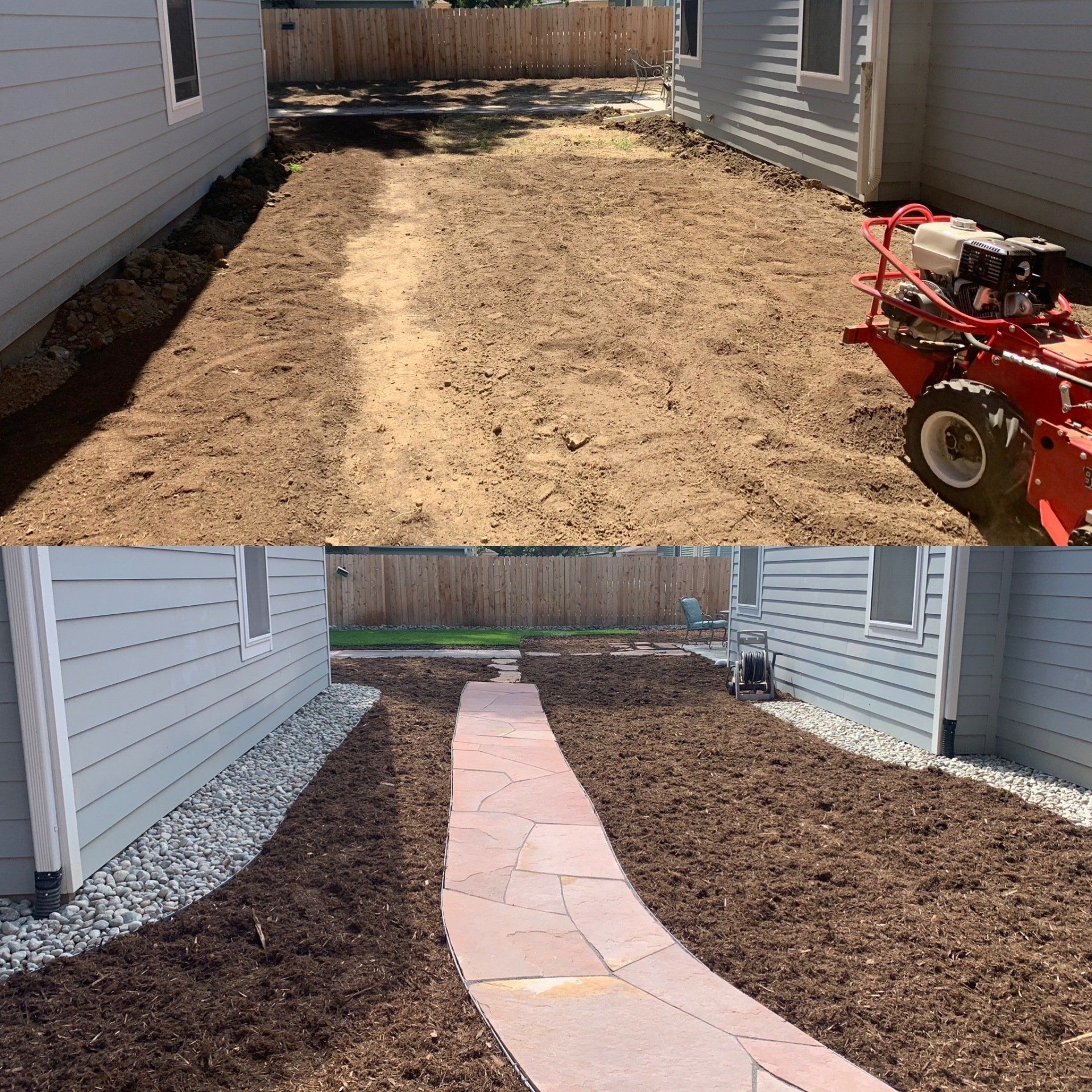 Before and after of a narrow backyard with a dirt path transformed into a stone path with mulch and gravel.