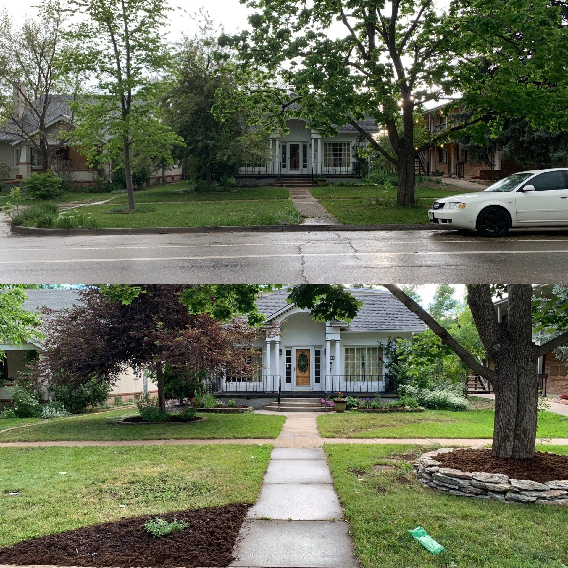 Before and after of a white house with a landscaped yard. Lush green grass and mulched beds surround the walkway.