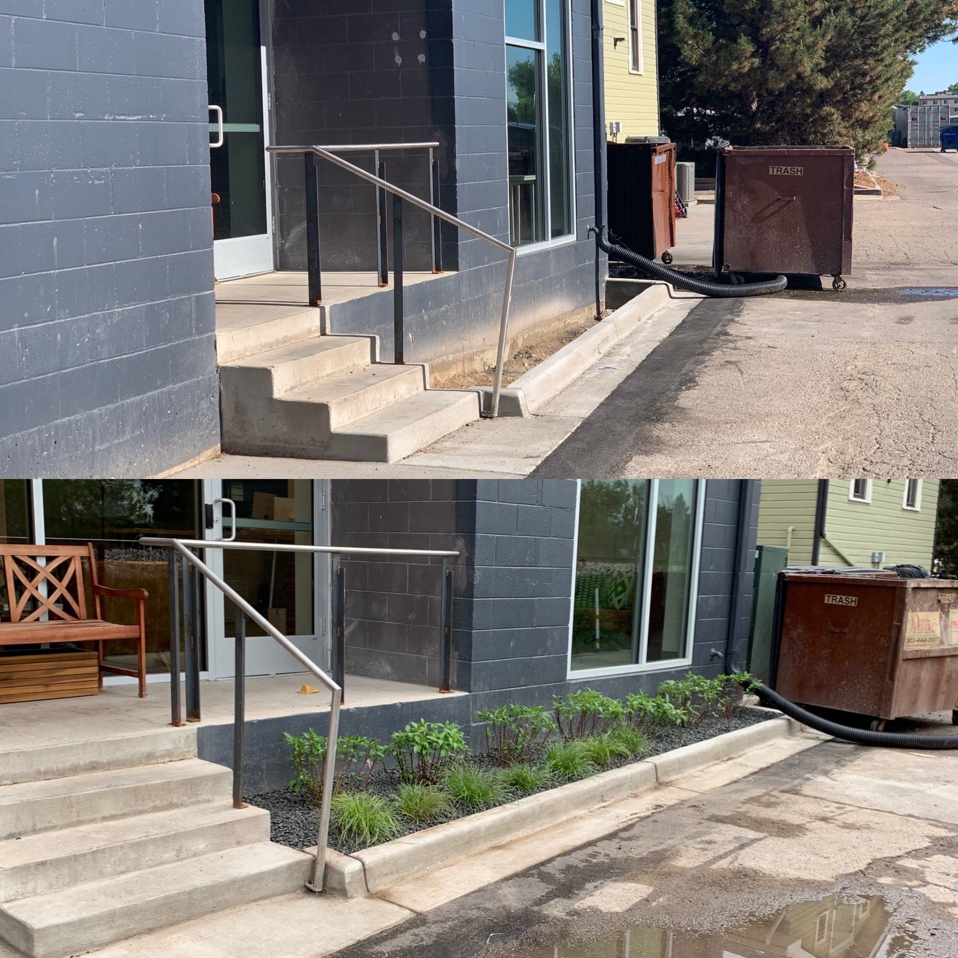 Before and after photos show a building entrance with concrete stairs and a handrail, with improvements including landscaping.