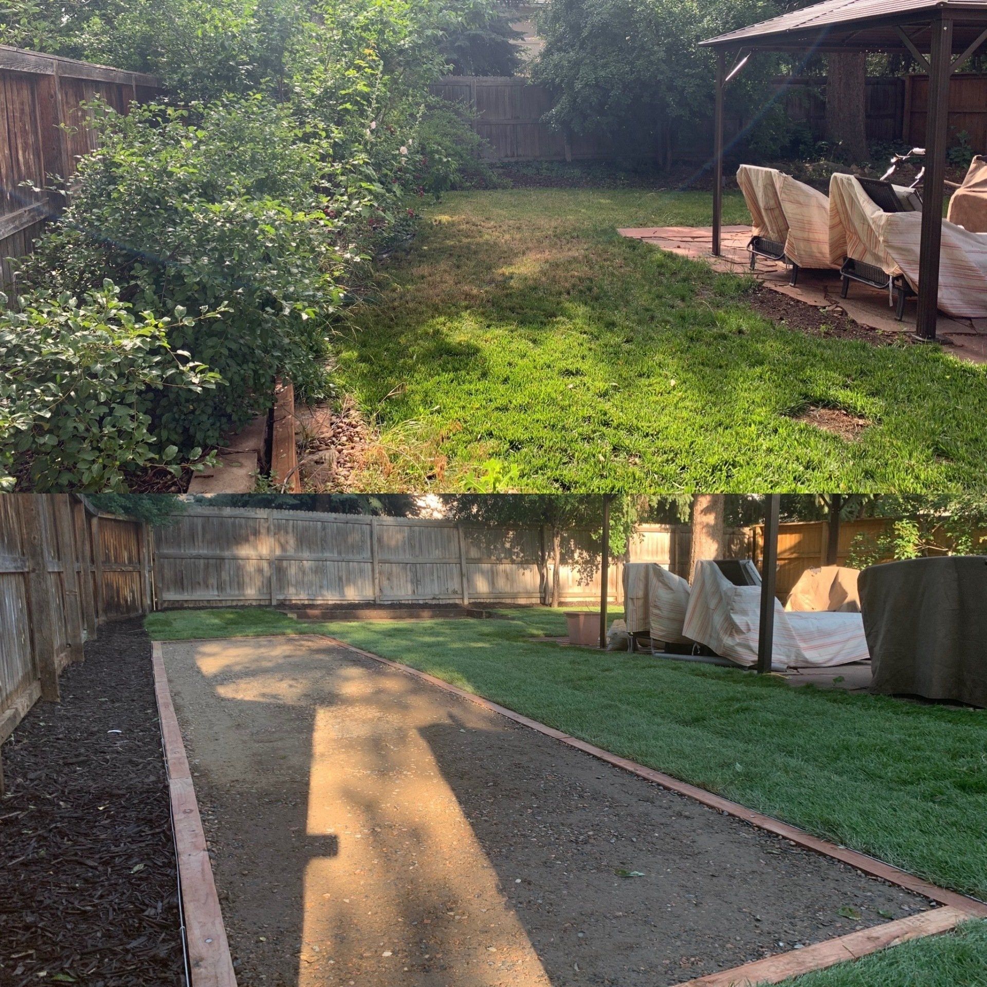 Before and after photos of a backyard with lawn and gazebo. The 