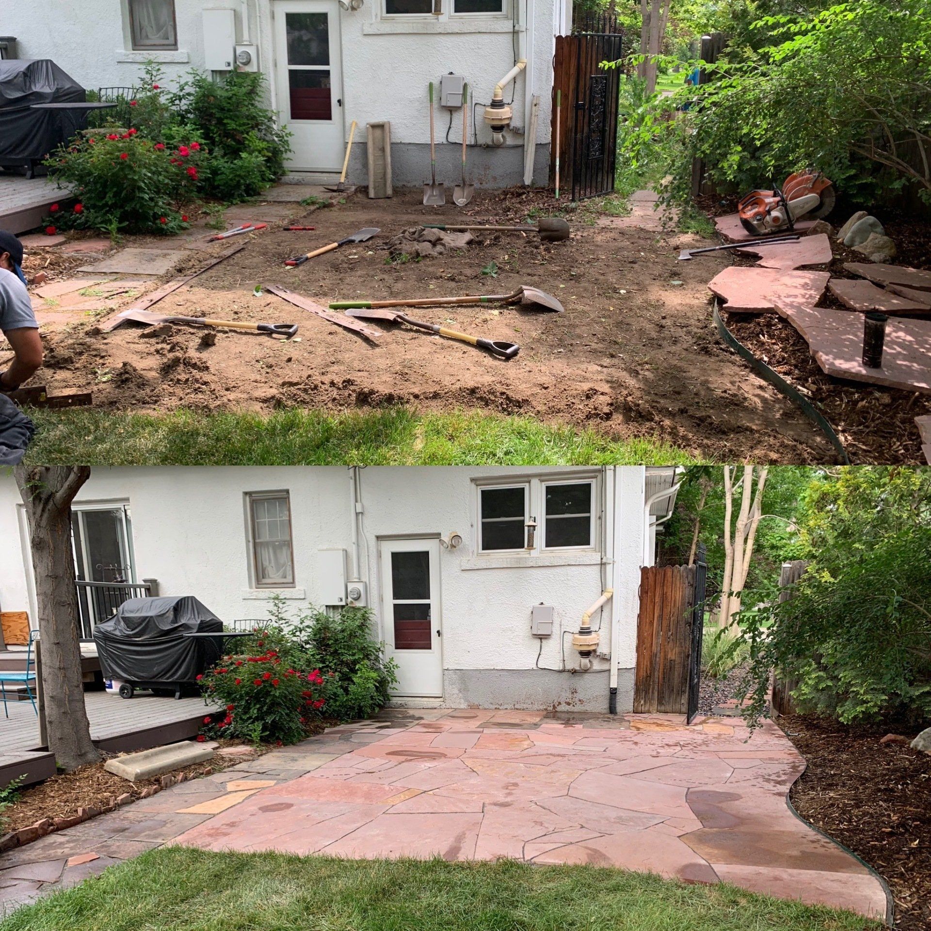 Before and after photos of a backyard patio. Top shows dirt, tools; bottom shows a finished red stone patio.