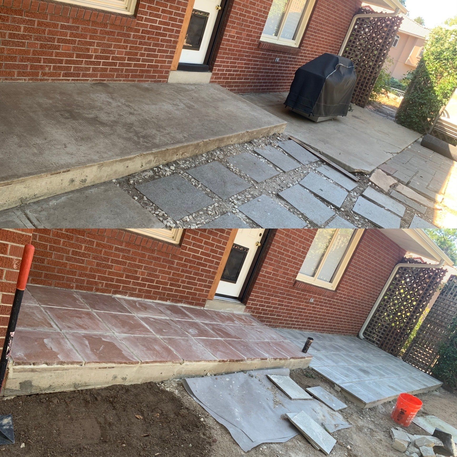 Two-part photo: before and after of a patio renovation. Old concrete replaced with paving stones.