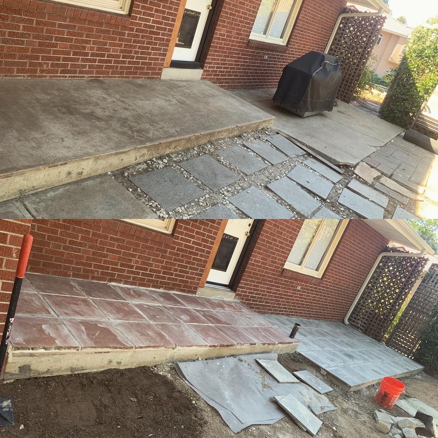 Top: Concrete patio, steps, and pathway. Bottom: New red tile patio being constructed.