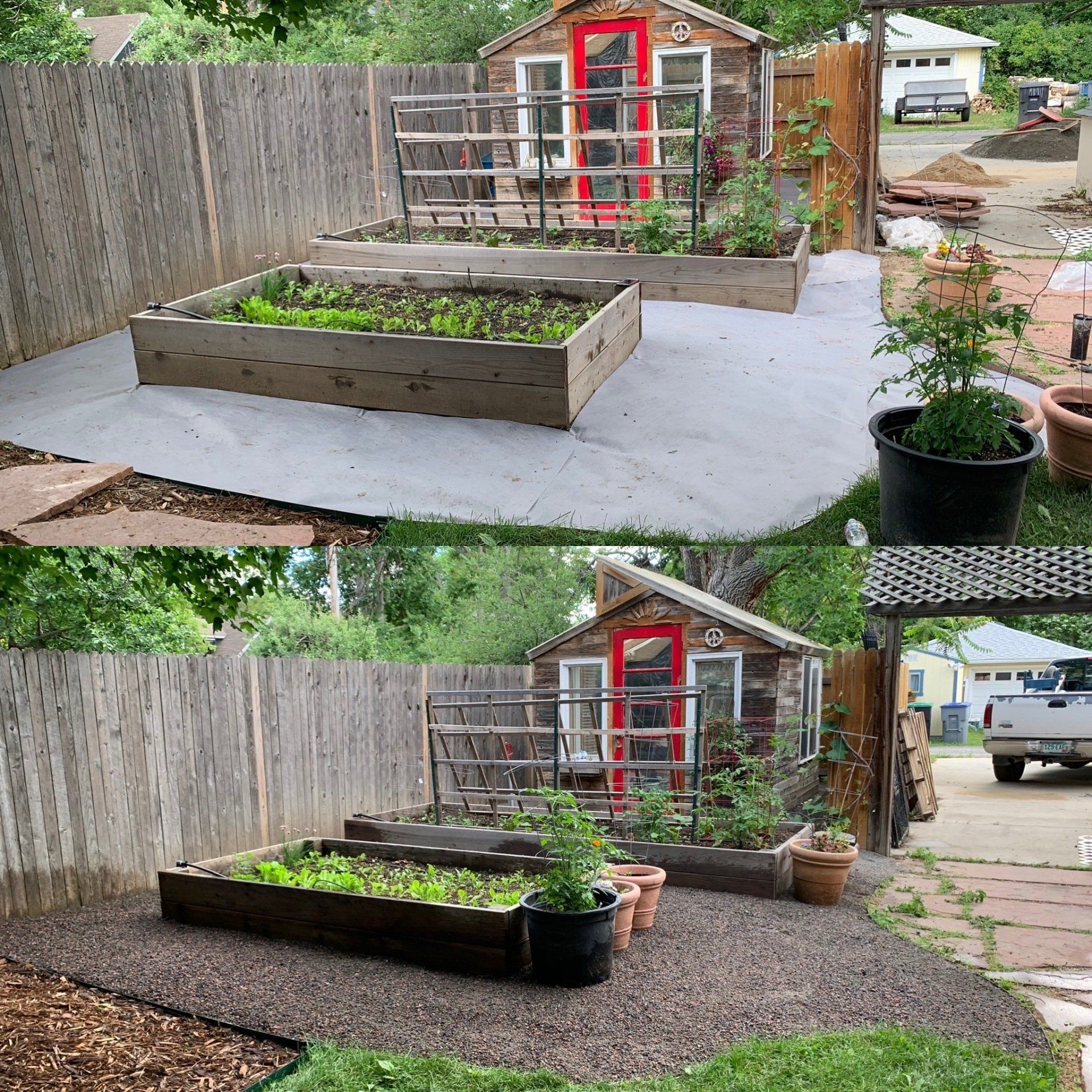 Two garden photos. Top: Raised beds on concrete. Bottom: Raised beds on gravel. Both show a small shed with a red door.