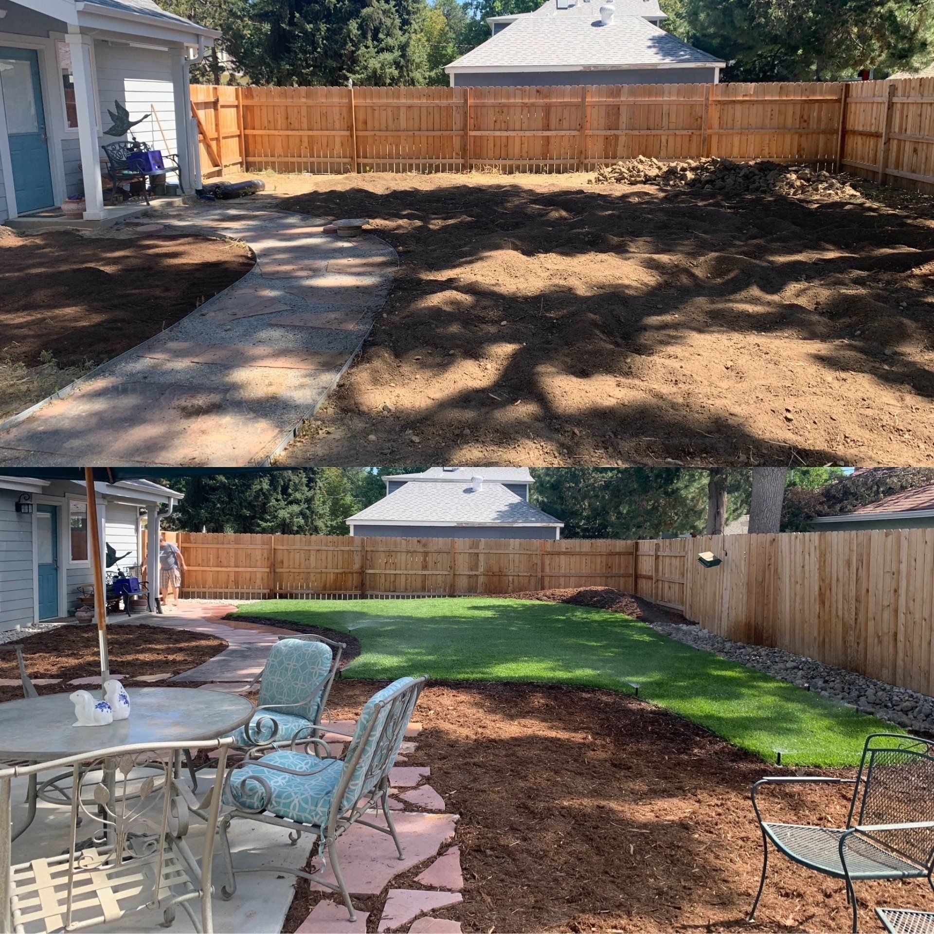 Before-and-after of a backyard: cleared dirt transformed into a patio, lawn, and landscaped beds with seating.