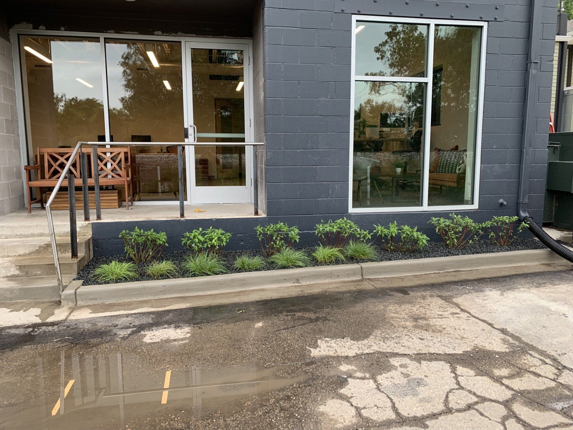Exterior of a building with dark gray facade and windows, a small garden bed with greenery. Wet pavement in the foreground.