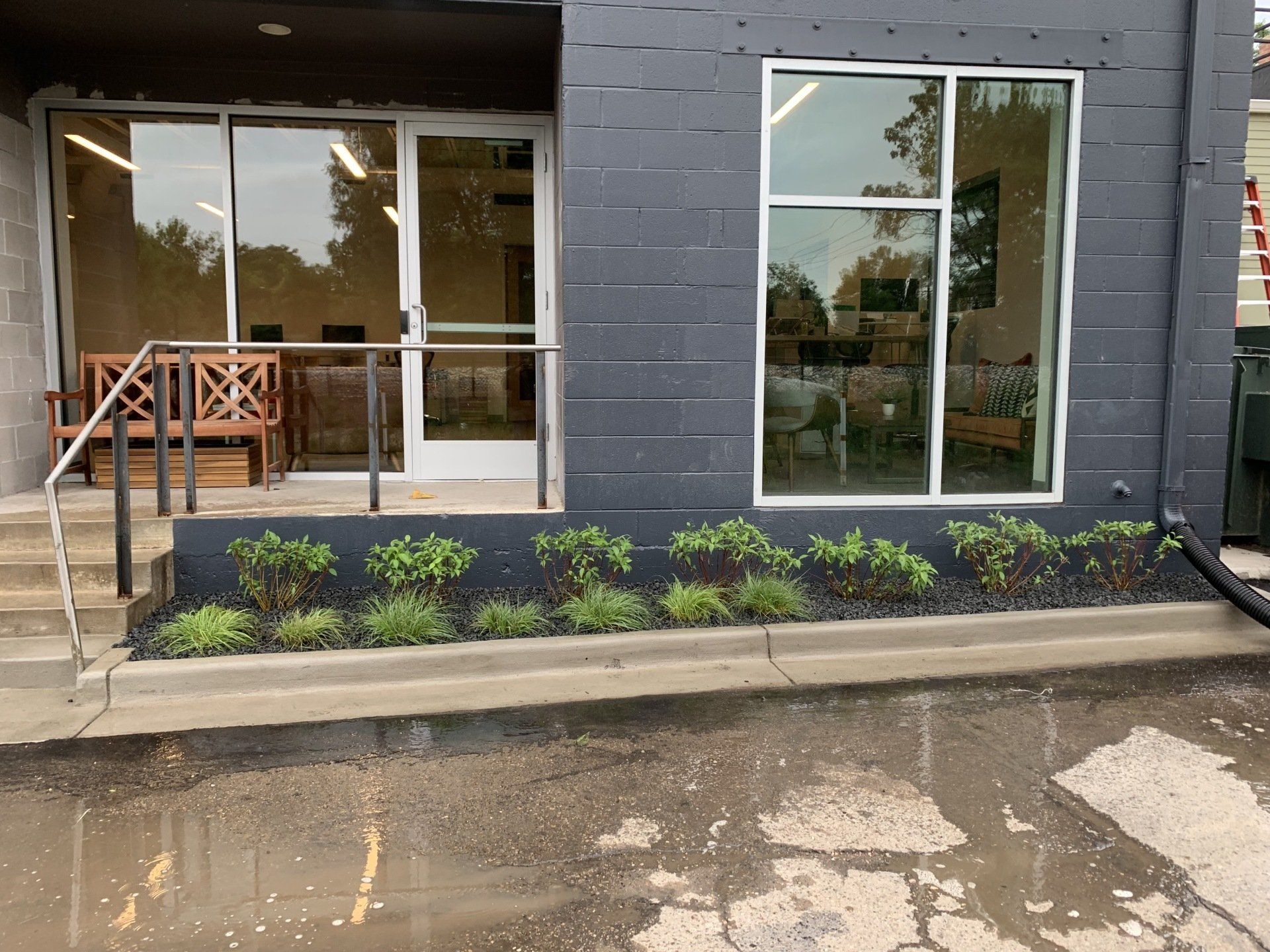 Exterior of a gray building with a glass door and window, small plants, and a bench.