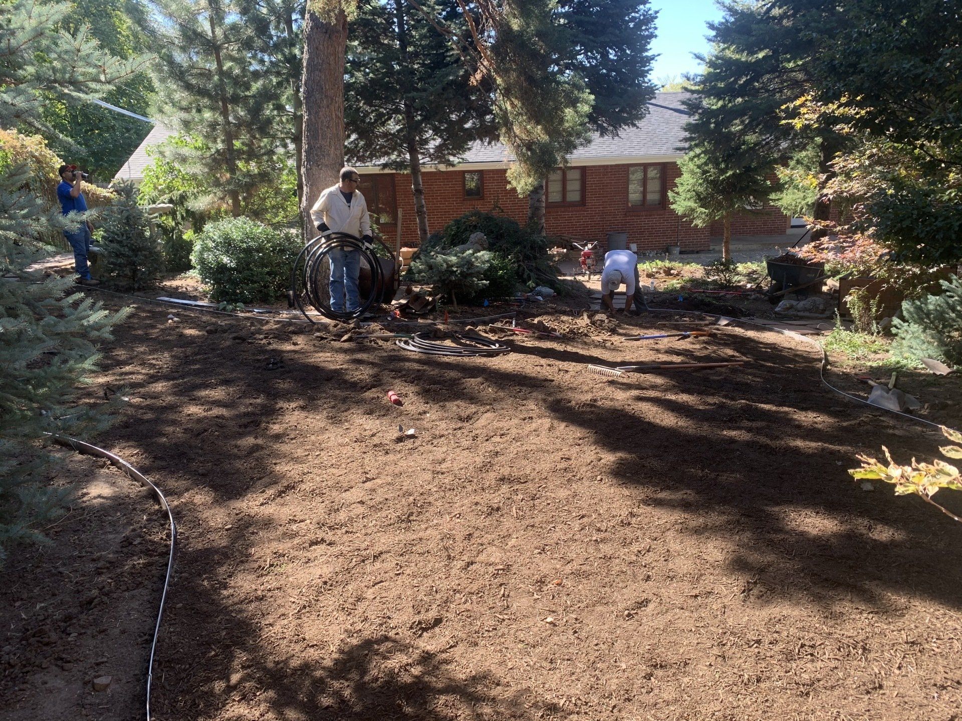Three people working in a yard with dirt and bushes, near a house and trees.