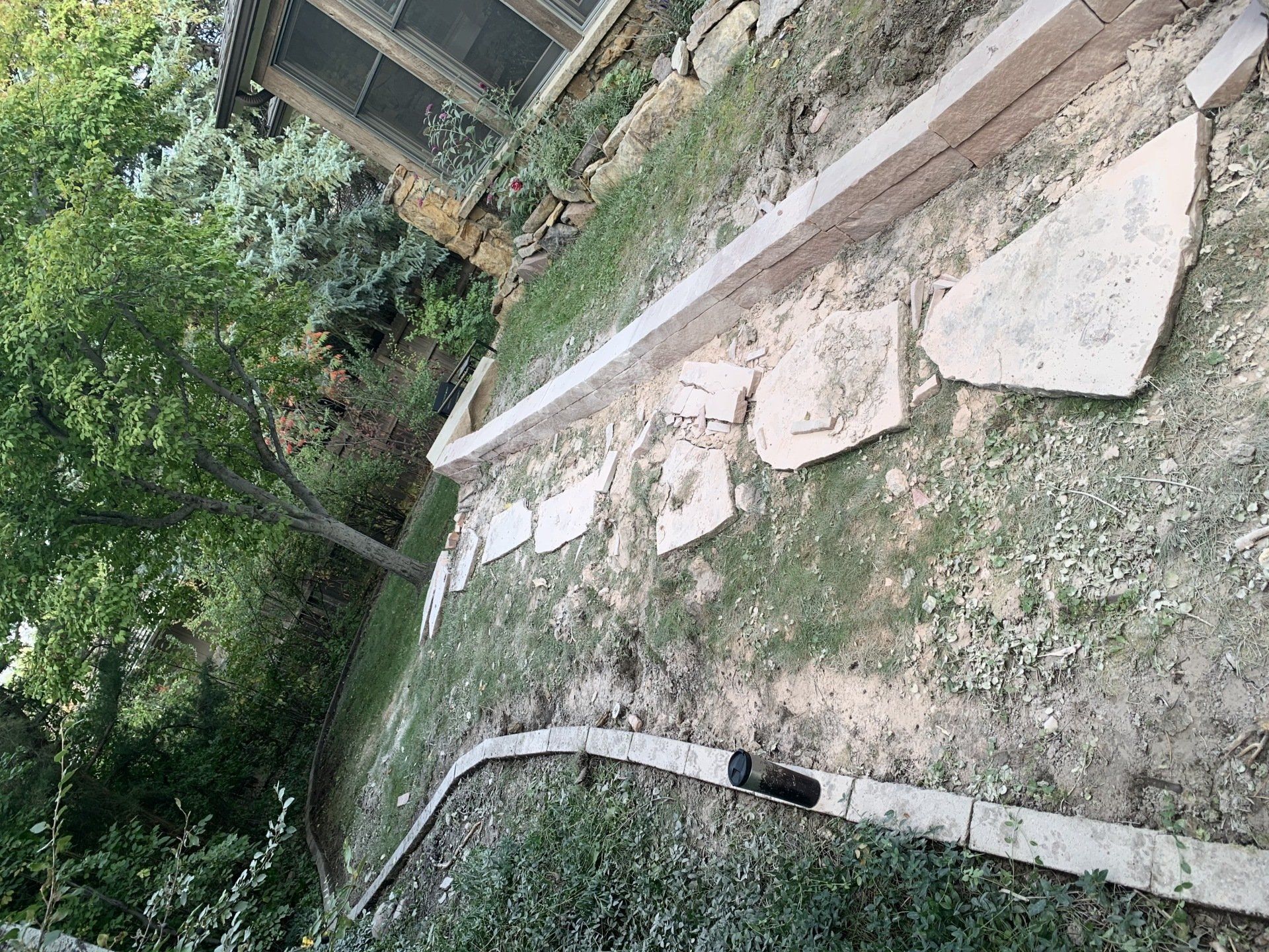 A sloped backyard with a stone pathway, a raised garden bed, and a tree.