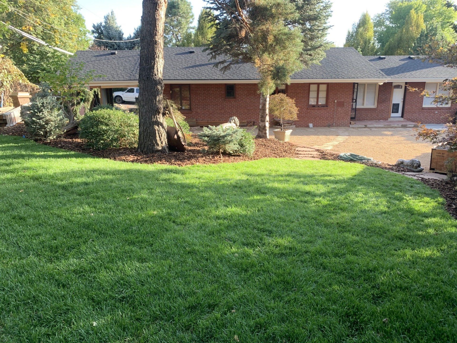 A brick house with a green lawn and trees in the front yard under a sunny sky.