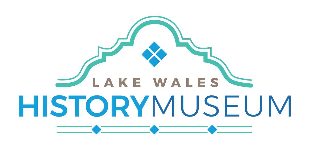 Logo for Lake Wales History Museum: Teal and brown text with an arch and diamond shapes.