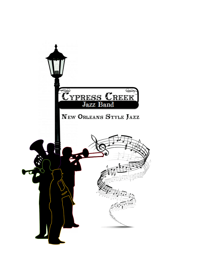 Silhouetted jazz band under street sign that says