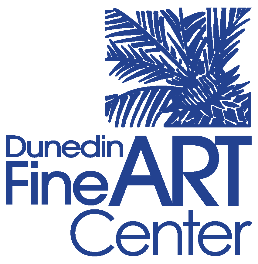 Dunedin Fine Art Center logo: Blue text and palm leaves, a logo for an art center.