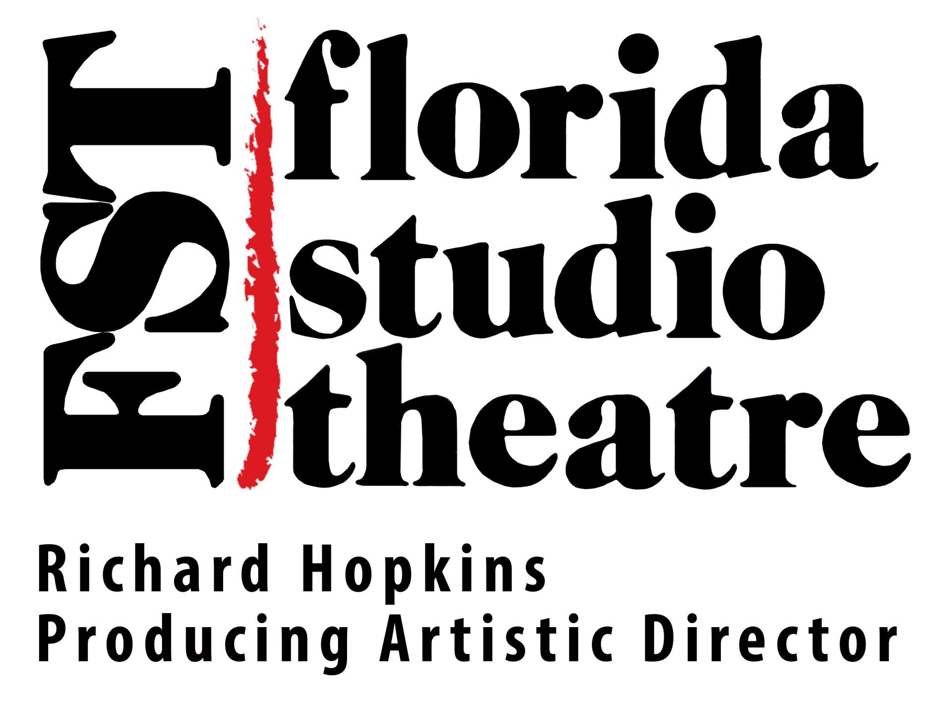 Logo for Florida Studio Theatre. Black text on white. A red vertical line separates