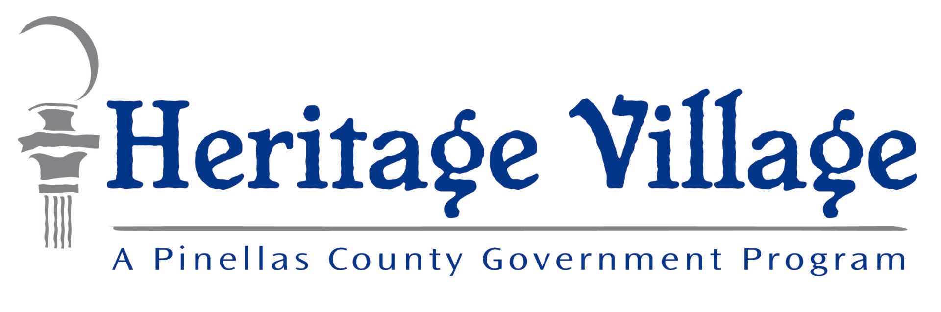 Heritage Village logo: Blue text on white background, with a stylized torch icon on the left.
