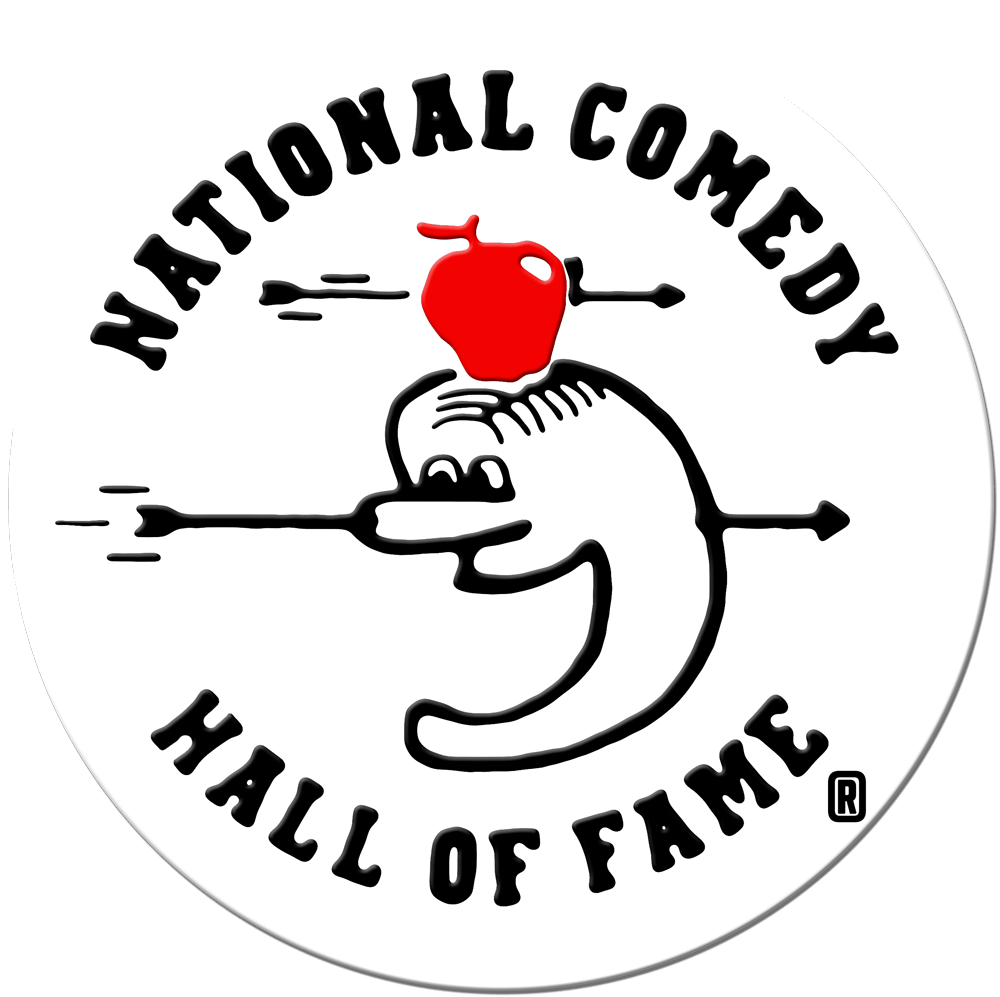 National Comedy Hall of Fame logo: cartoon face with apple on head, arrows through head, black and red on white.