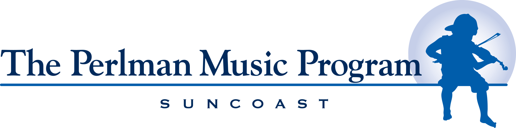 The Perlman Music Program Suncoast logo: blue silhouette of a person playing a violin, with text.