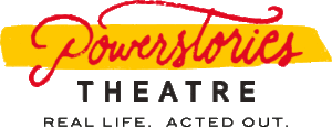Powerstories Theatre logo. Red script text over a yellow bar,