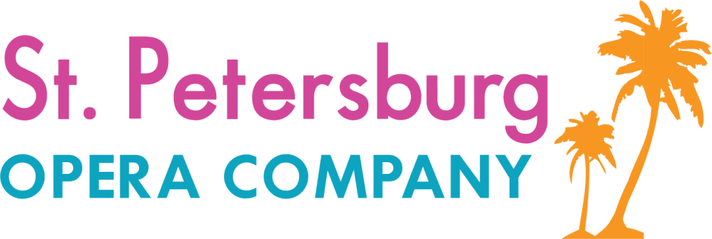 Logo of the St. Petersburg Opera Company. Pink text over teal, with orange palm trees.