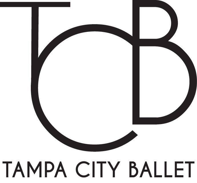 Tampa City Ballet logo with black initials TCB, stylized with the C overlapping the T and B.