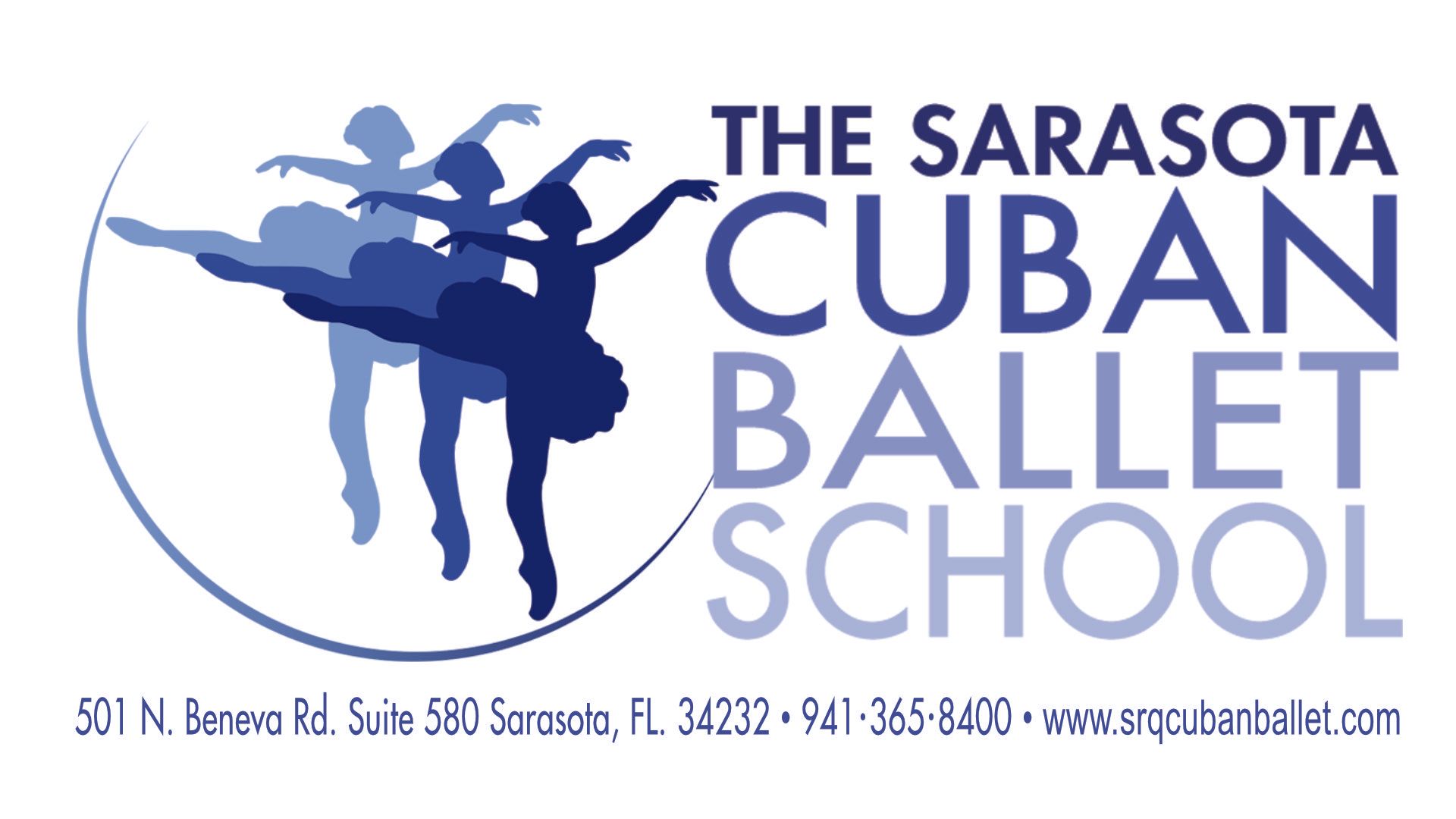 Logo for The Sarasota Cuban Ballet School, with ballet dancers in blue shades.