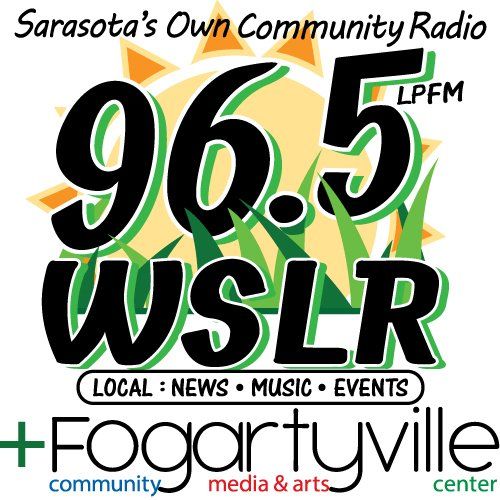 WSLR 96.5 LPFM radio logo. Sarasota's own community radio station with Local News, Music, Events. Plus Fogartyville Community Media & Arts.