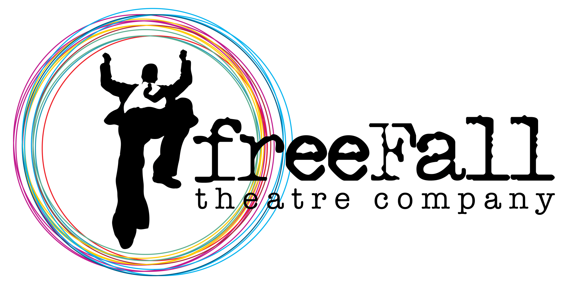 Silhouette of a person in mid-air in a colorful ring with the words