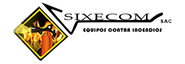 Logotipo de SIXECOM SAC, con un emblema en forma de diamante con llamas y un extintor. Debajo aparece el texto