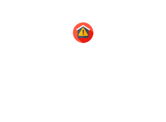 Círculo rojo con triángulo amarillo que contiene un signo de exclamación, icono de una casa.