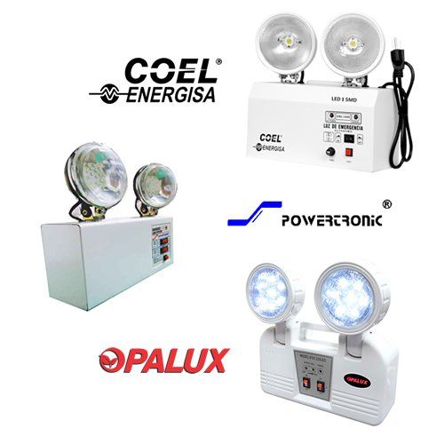 Luces de emergencia con logotipos de varias marcas: Coel, PowerTronic, Opalux.