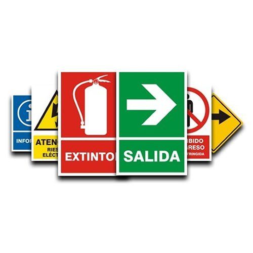Señales de seguridad: Extintor, salida, información, peligro eléctrico, prohibido el paso y flecha direccional.